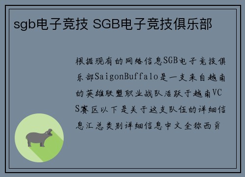 sgb电子竞技 SGB电子竞技俱乐部