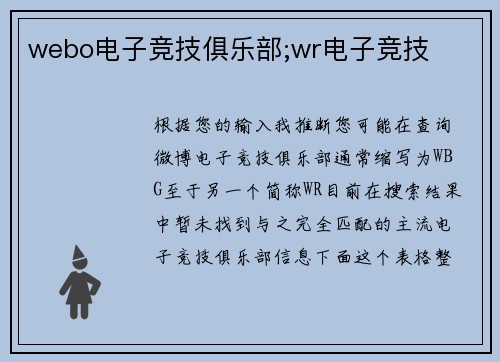 webo电子竞技俱乐部;wr电子竞技