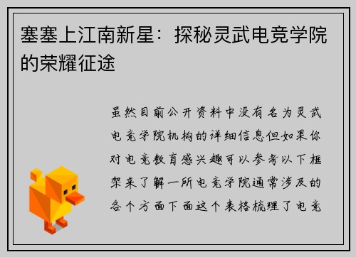 塞塞上江南新星：探秘灵武电竞学院的荣耀征途